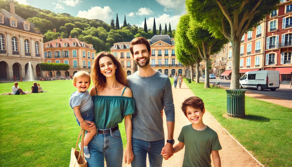 Une famille heureuse se promenant dans un parc de Villefranche-sur-Saône, avec des pelouses verdoyantes, de grands arbres et un chemin pittoresque. En arrière-plan, des bâtiments historiques charmants sous un ciel bleu clair.