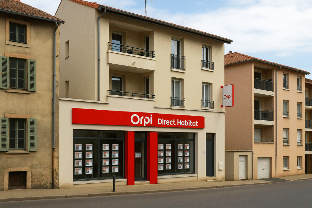 Façade de l’agence ORPI Direct Habitat à Villefranche-sur-Saône, entourée de logements locatifs