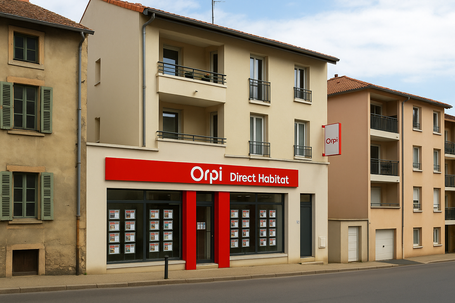 Façade de l’agence ORPI Direct Habitat à Villefranche-sur-Saône, entourée de logements locatifs