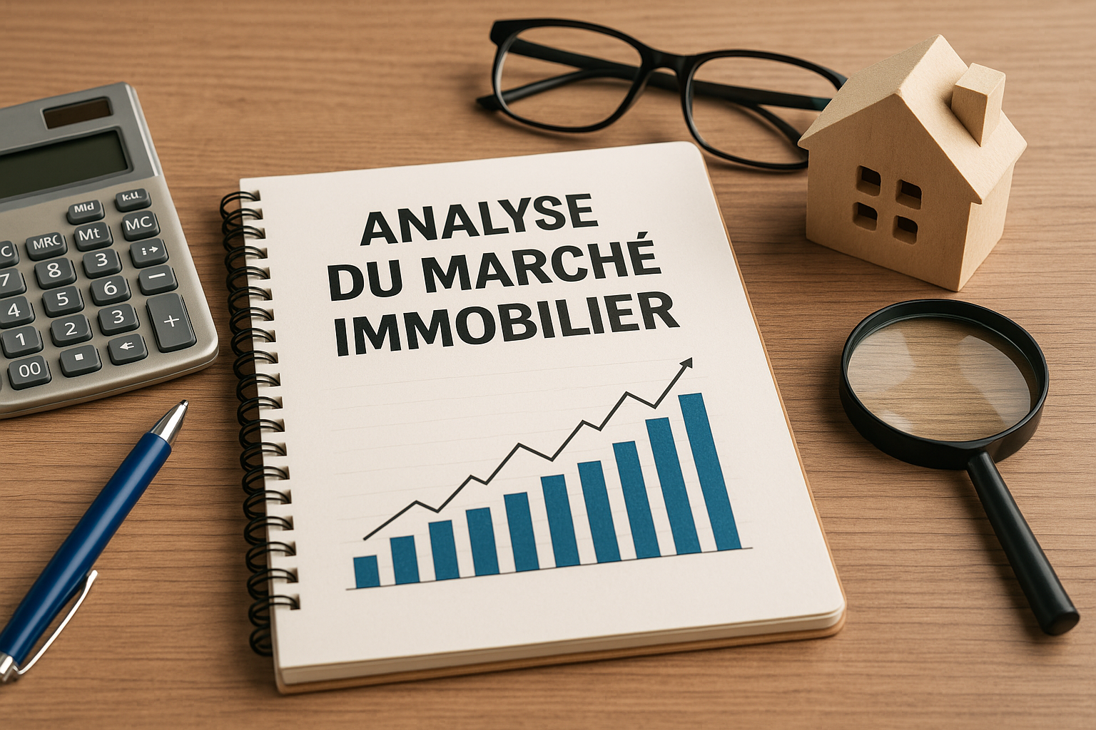 Graphique de tendance immobilière avec miniature de maison, calculatrice et loupe sur bureau en bois – Analyse du marché immobilier