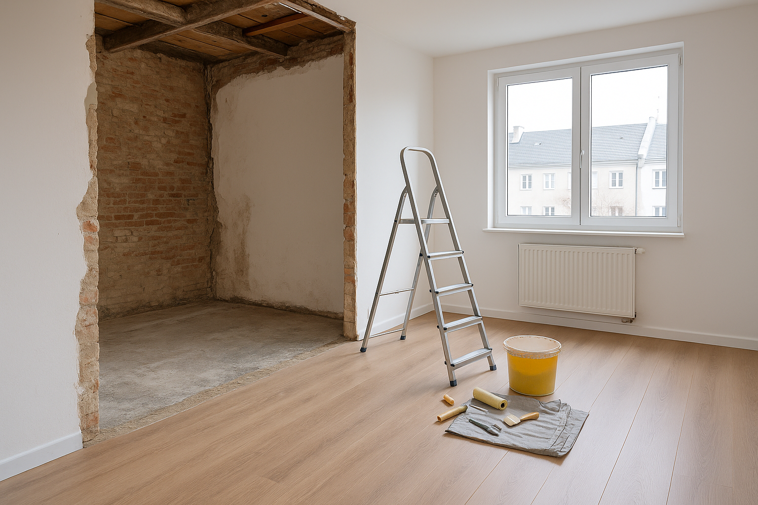 Un salon en cours de rénovation avec une partie modernisée et une autre encore à rénover