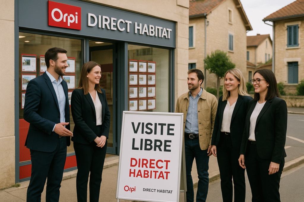 Équipe Direct Habitat devant l’agence ORPI lors d’une visite libre